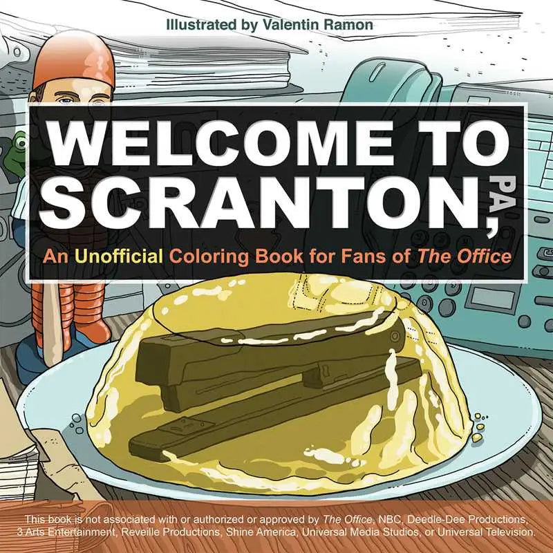 Cover of ‘Welcome to Scranton: Unofficial Coloring Book,’ featuring illustrated landmarks and characters inspired by The Office.