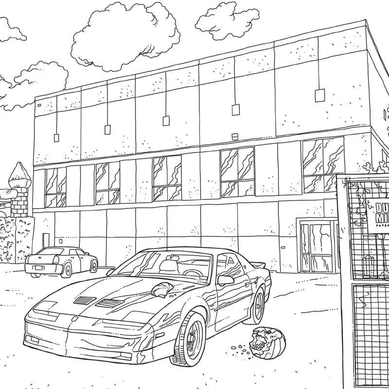 Black and white line drawing of a car in front of a modern building with a broken window. From The Office Coloring Book