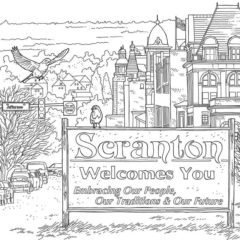Illustration of a sign welcoming people to Scranton with buildings and trees in the background.