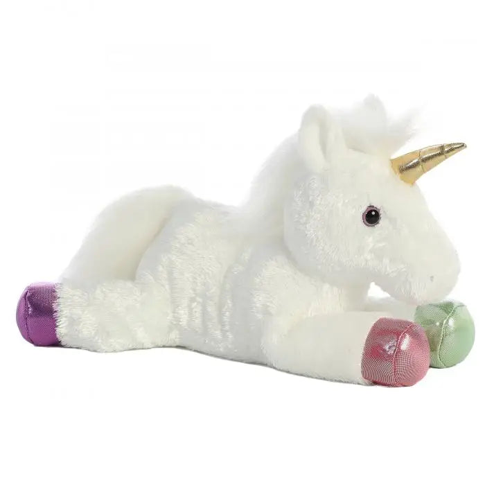 Plush unicorn toy with a gold horn on a white background