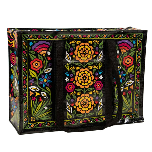 Colorful floral-patterned bag on a black background