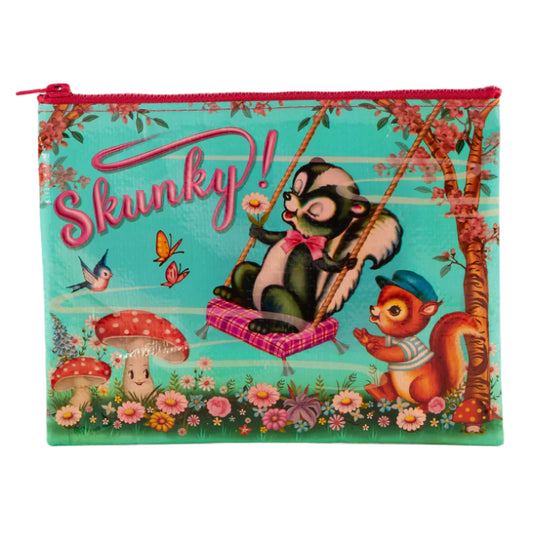 Colorful pouch with an illustration of a retro style cartoon skunk being pushed on a swing by a squirrel with flowers, mushrooms and a teal background that says Skunky!