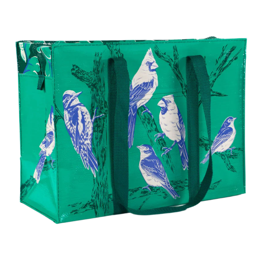 A Green tote bag with blue and white songbirds design