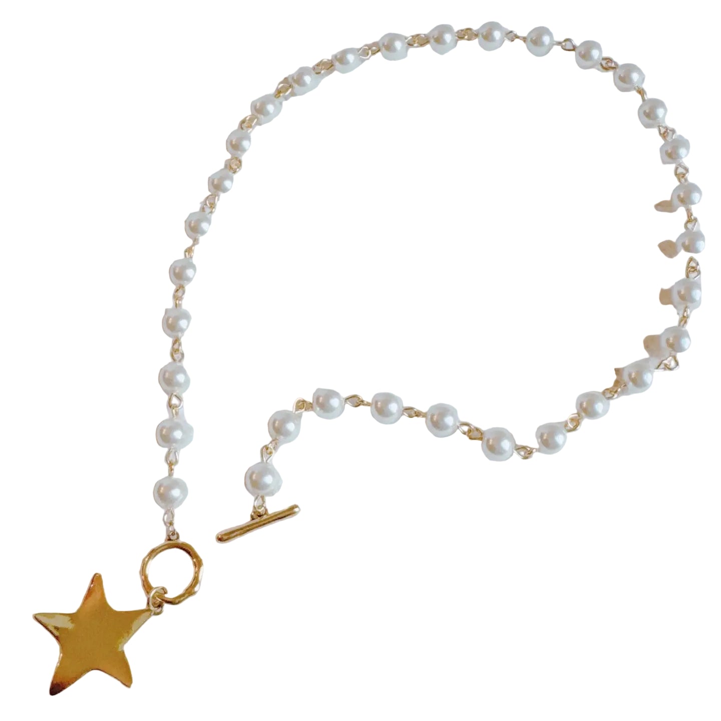 Pearl necklace with a gold star pendant on a light gray background