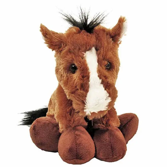 Plush horse toy with brown fur and a white stripe on a white background