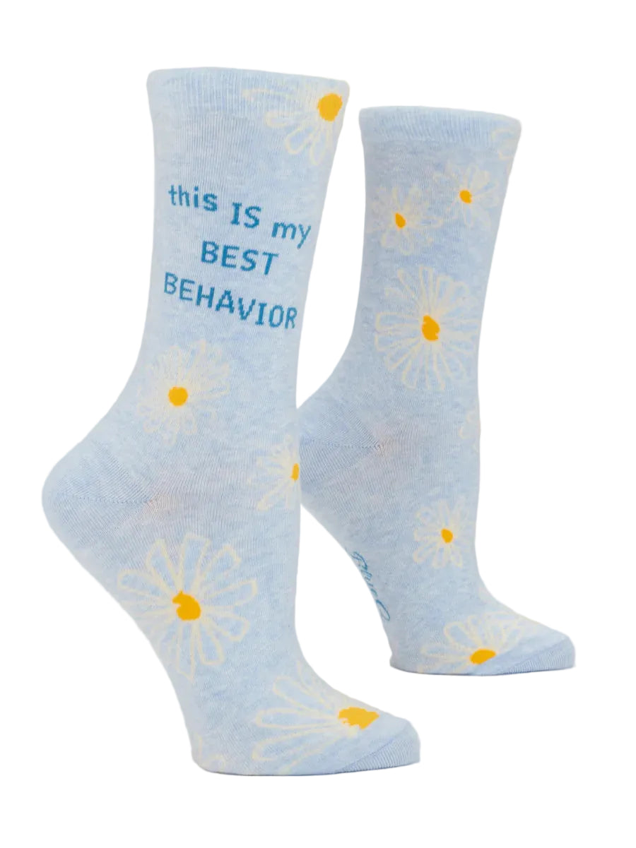 Light blue socks with daisy flowers and text on a white background