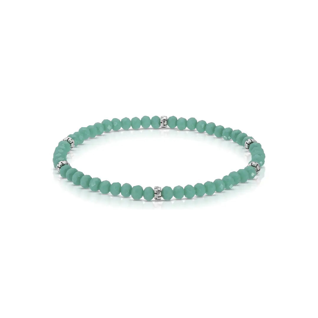 Turquoise color beaded bracelet with silver accents on a white background