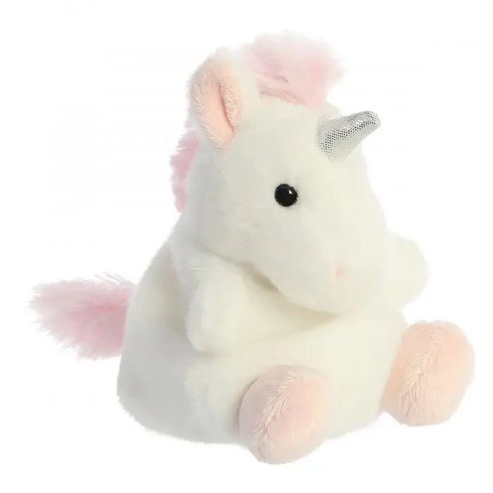 Plush unicorn toy with pink hair and hooves on a white background