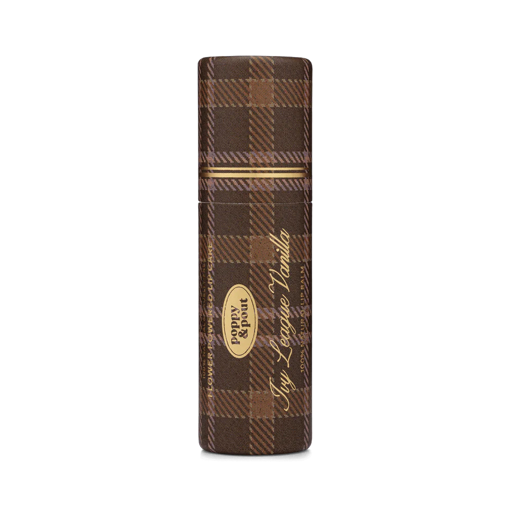 Brown plaid lighter with gold accents on a white background