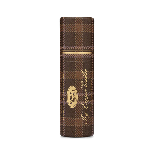 Brown plaid lighter with gold accents on a white background