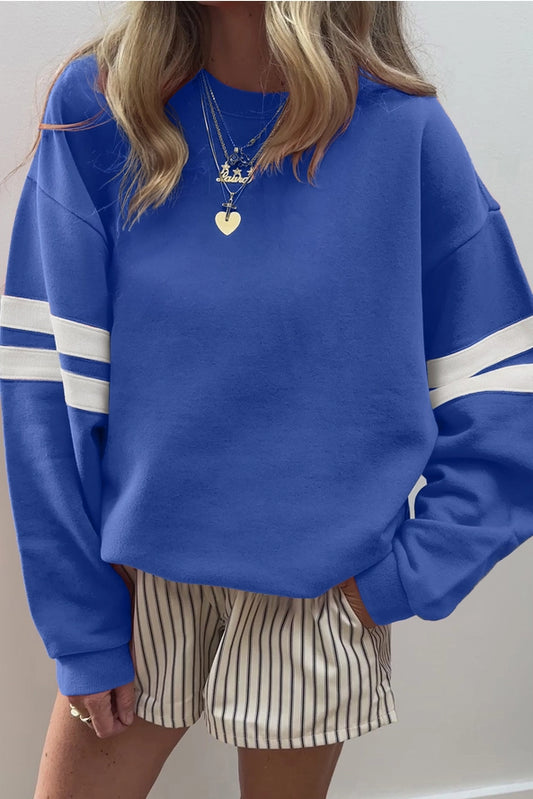 Varsity Striped Drop Shoulder Crewneck-Blue