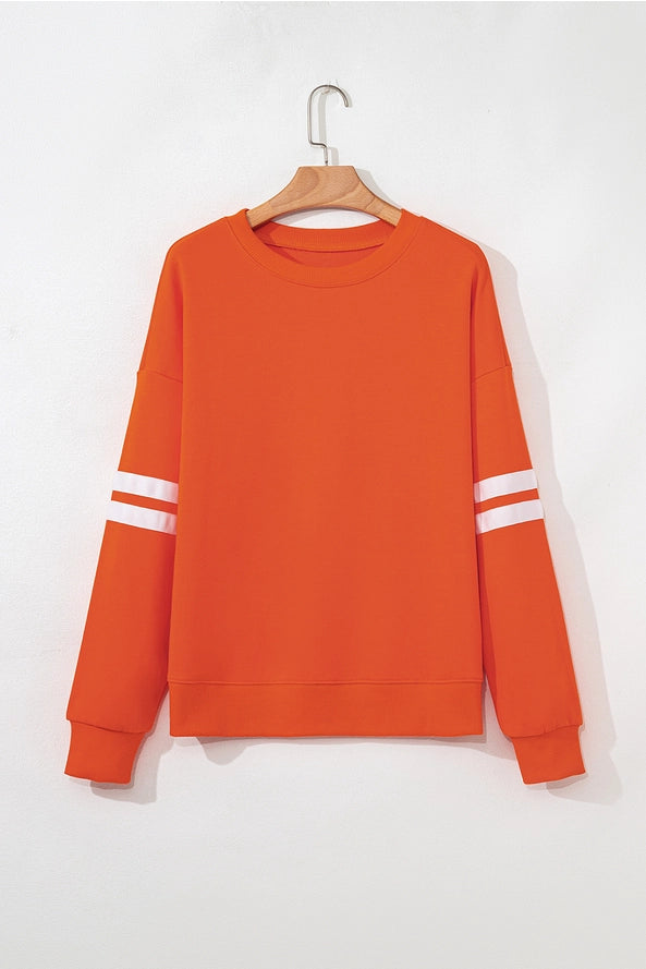 Varsity Striped Drop Shoulder Crewneck-Orange