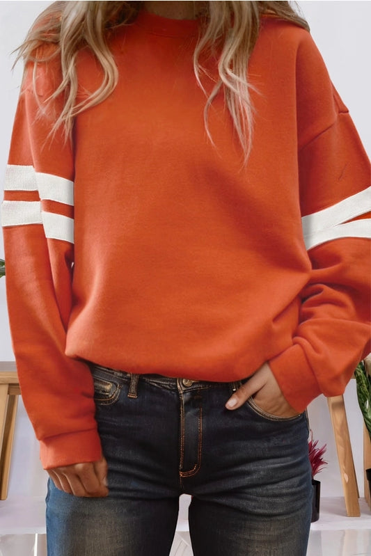 Varsity Striped Drop Shoulder Crewneck-Orange