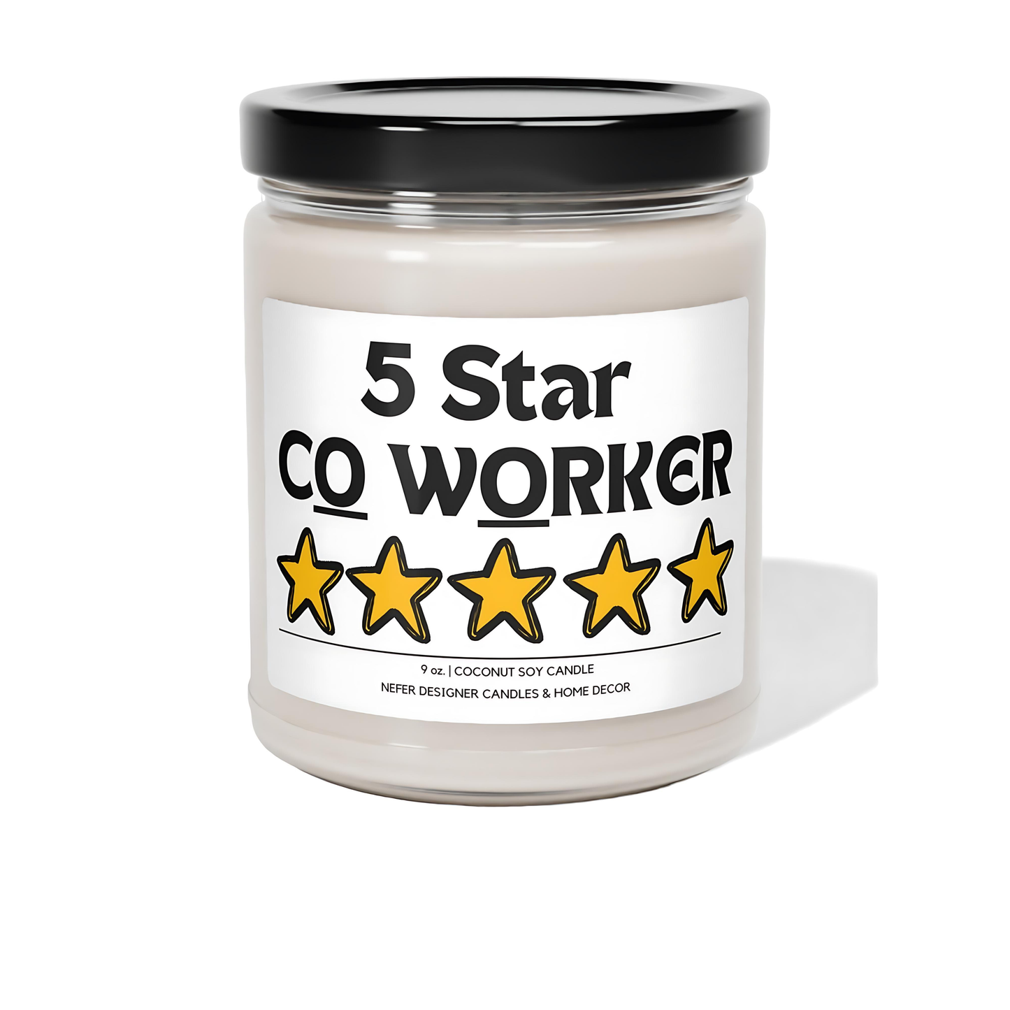 Candle with the text "5 Star Coworker" displayed on a white background