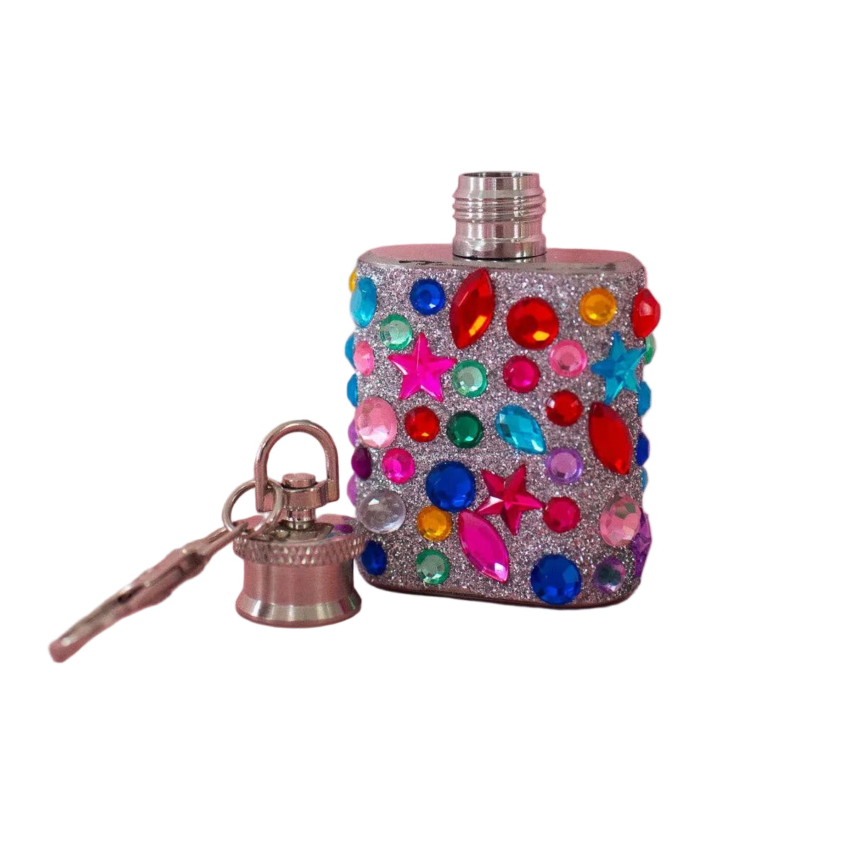 Decorative glittery flask keychain with colorful gemstones on a white background