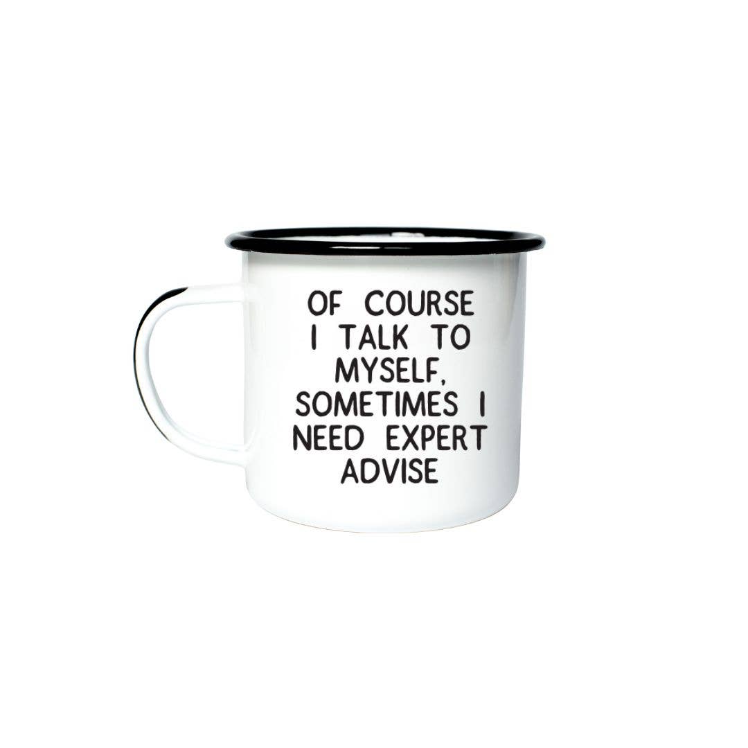 White mug with black text on a white background
