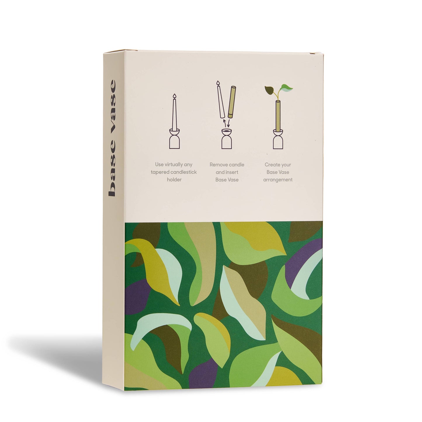 Product packaging with leaf pattern and text on a beige background