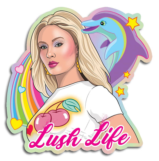 sticker of zara larsson with a colorful surrounding and the text "lush life" displayed at the bottom