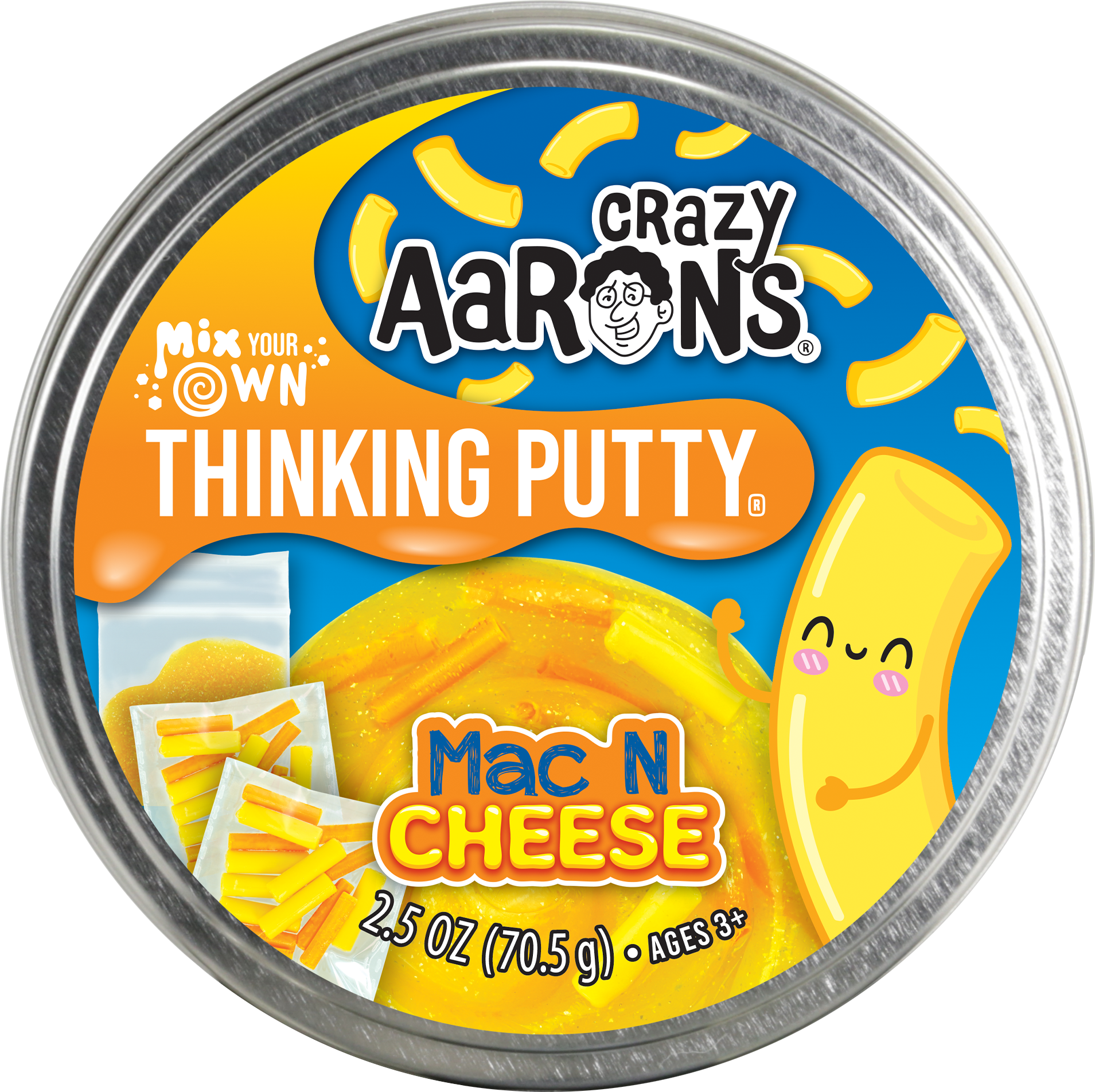 Crazy Aaron's Thinking Putty Mac N Cheese container with cartoon cheese puffs and a smiling cheese patty.