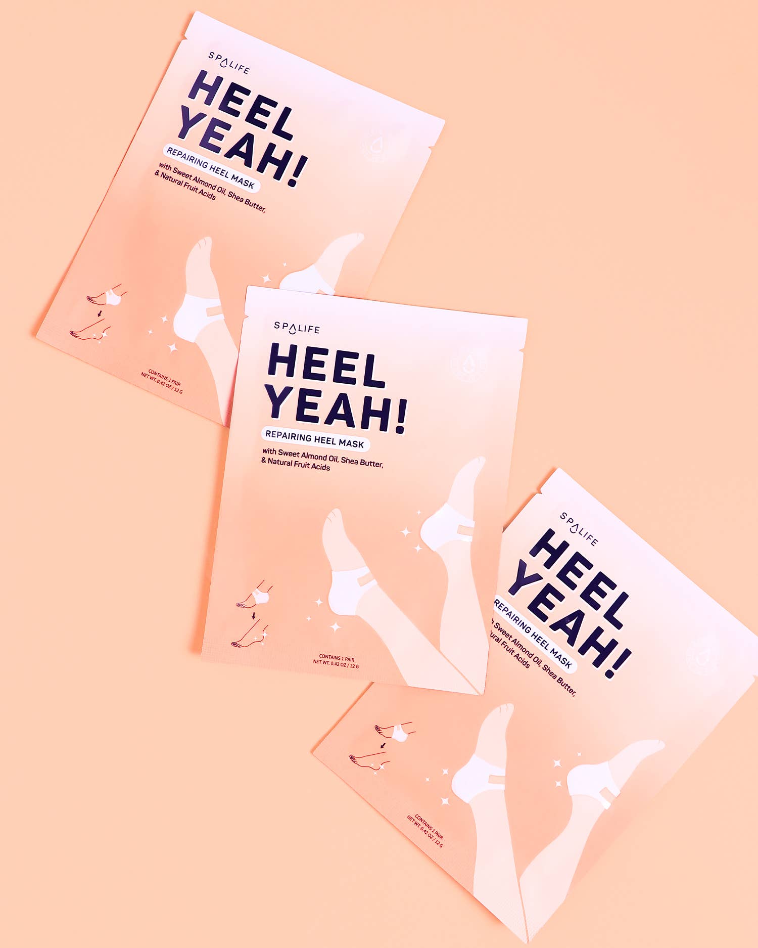 Three 'HEEL YEAH!' repair masks on a peach background