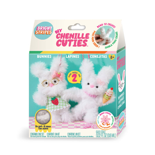 Box of Chenille Cuties craft kit with two fluffy white bunny toys on a white background