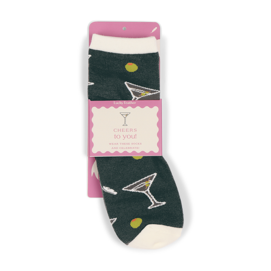 Dark green Socks with martini glass and green olives design, with a band that reads "Cheers to you!" on a white background
