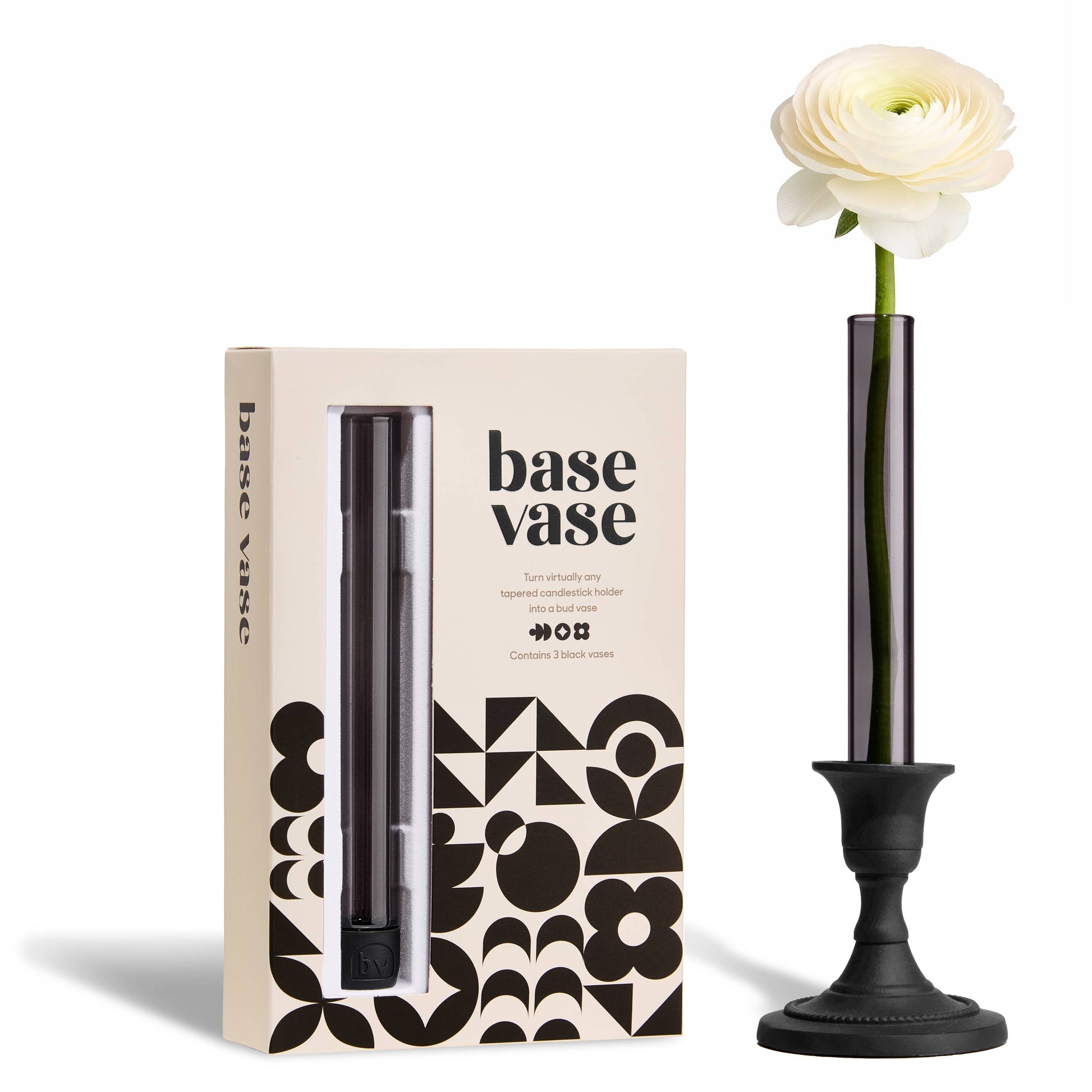 Black base vase with packaging and a white flower on a white background