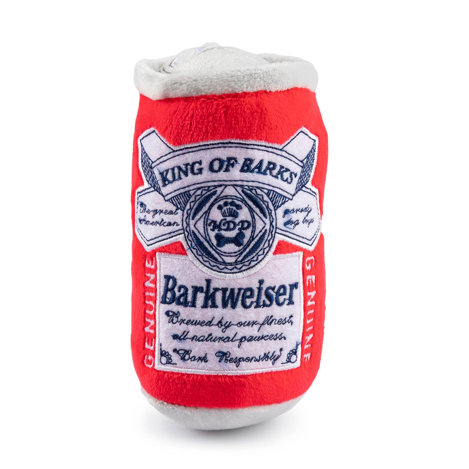 Dog toy shaped like a beer bottle with 'Barkweiser' branding on a white background
