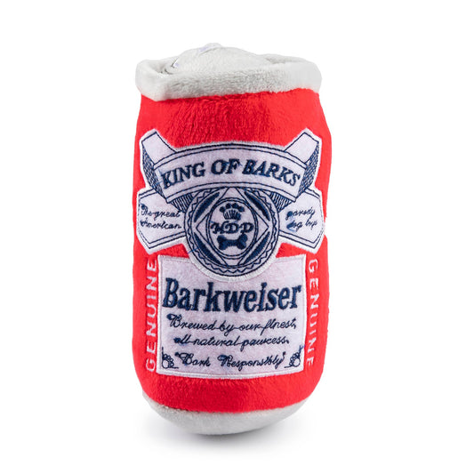 Dog toy shaped like a beer bottle with 'Barkweiser' branding on a white background