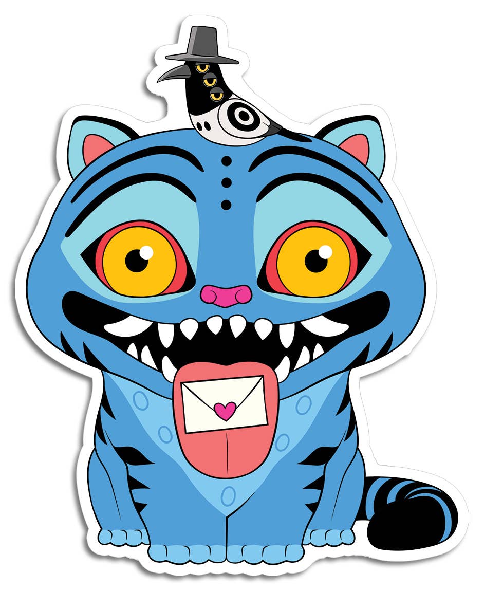 Colorful cartoon cat with large eyes and a hat on a white background