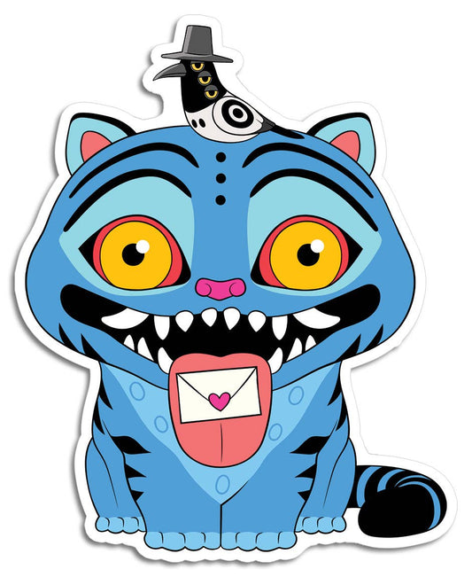 Colorful cartoon cat with large eyes and a hat on a white background