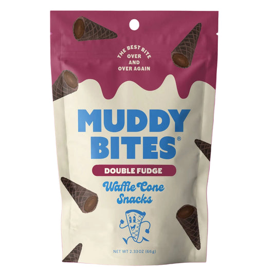 Muddy Bites Double Fudge Waffle Cone Snacks packaging on a white background