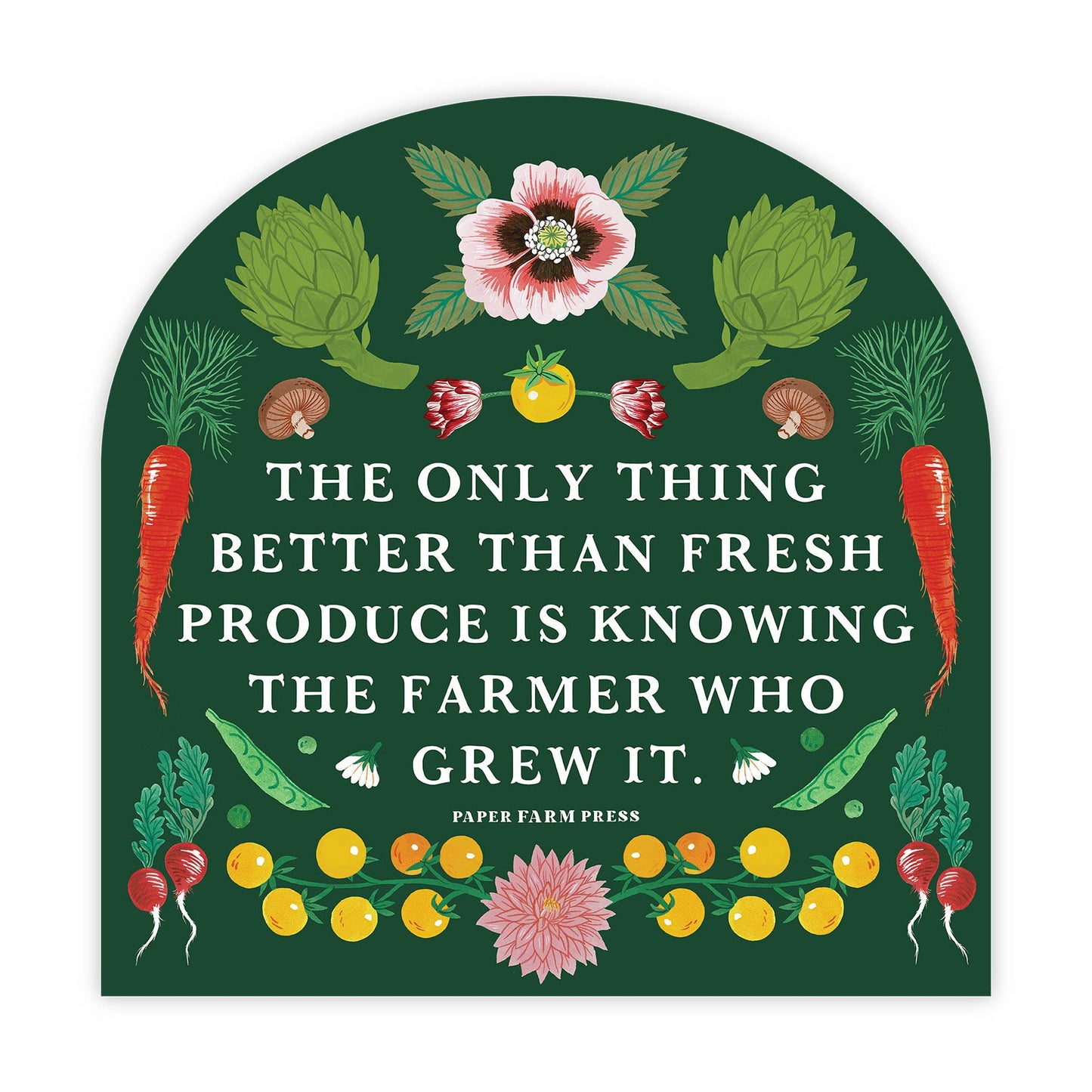 Decorative sign with fresh produce illustrations and a quote on a green background