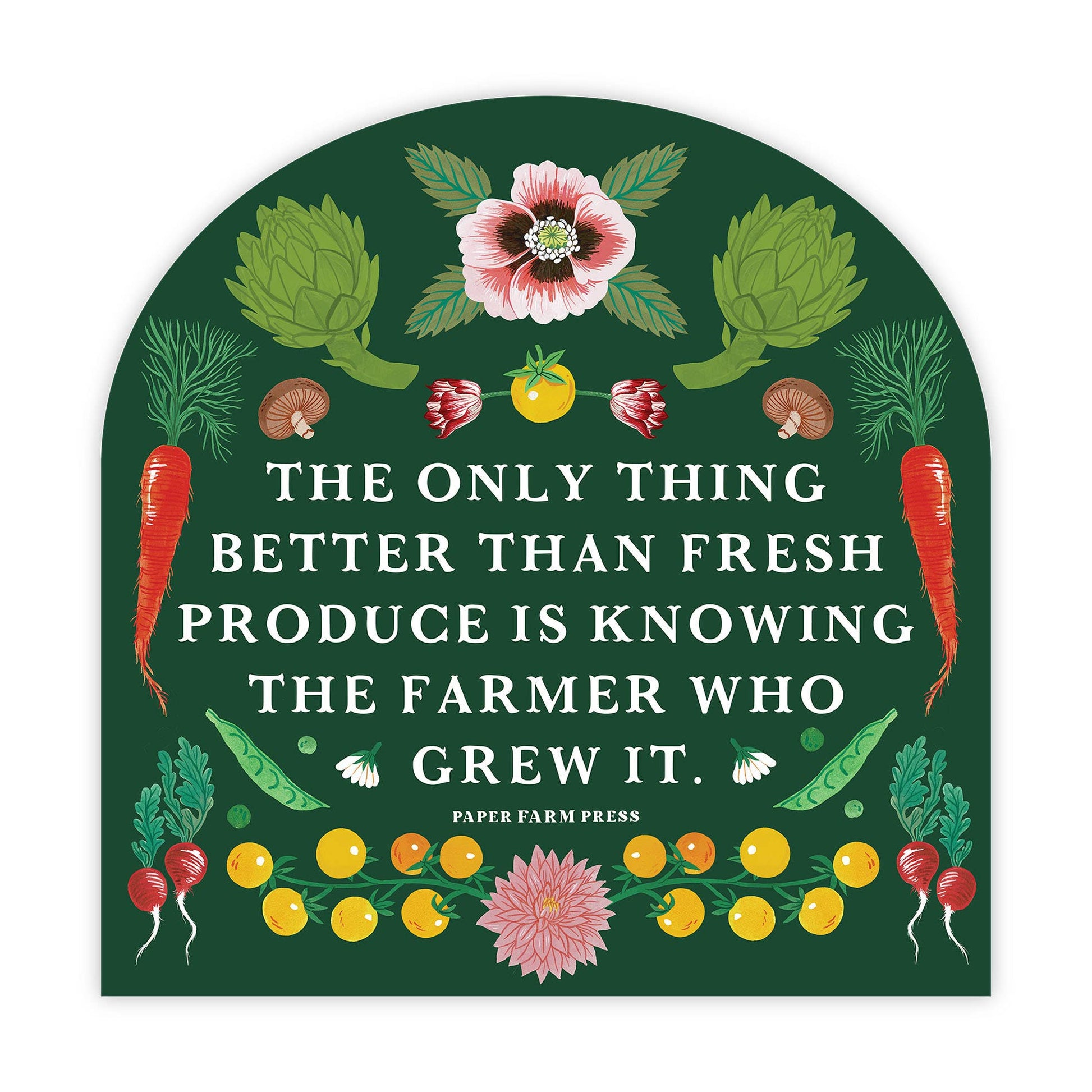 Decorative sign with fresh produce illustrations and a quote on a green background