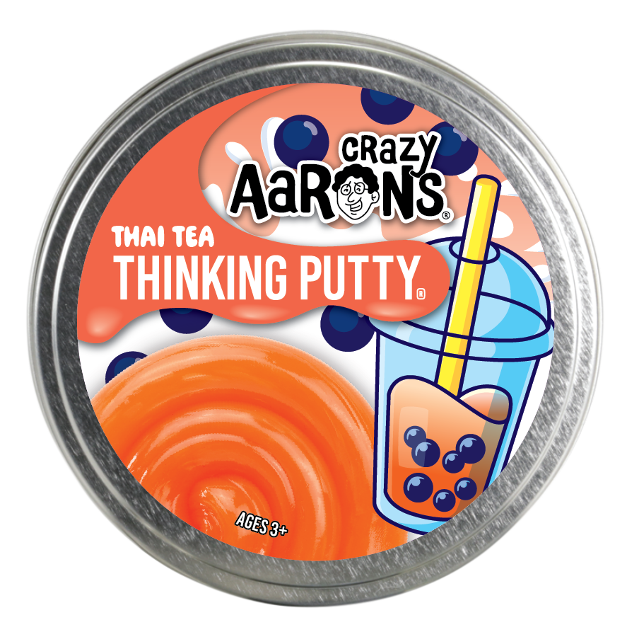Crazy Aaron's Thai Tea Thinking Putty packaging with orange and blue design.