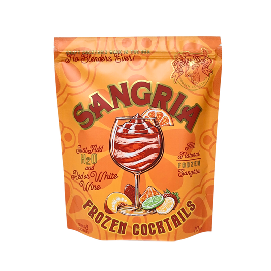 Packaging of frozen sangria cocktails with orange and red design.