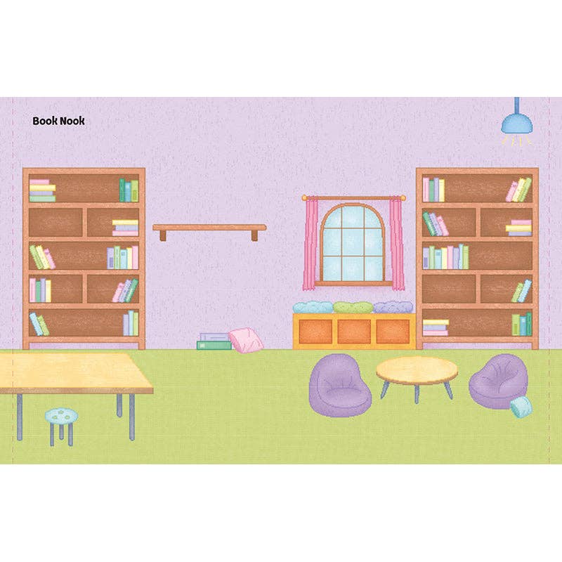 Illustration of a cozy room with bookshelves, table, and chairs on a white background