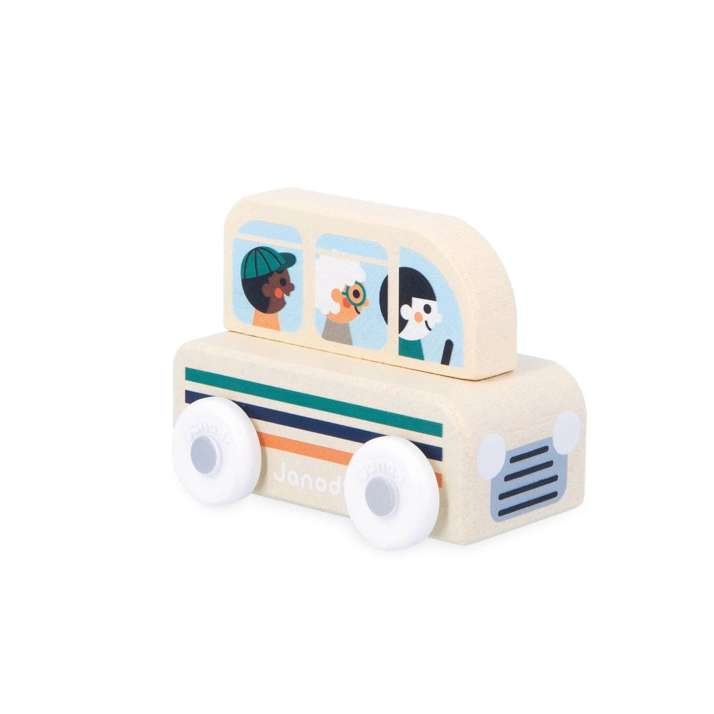 Wooden toy bus with colorful wheels and a driver figure on a white background