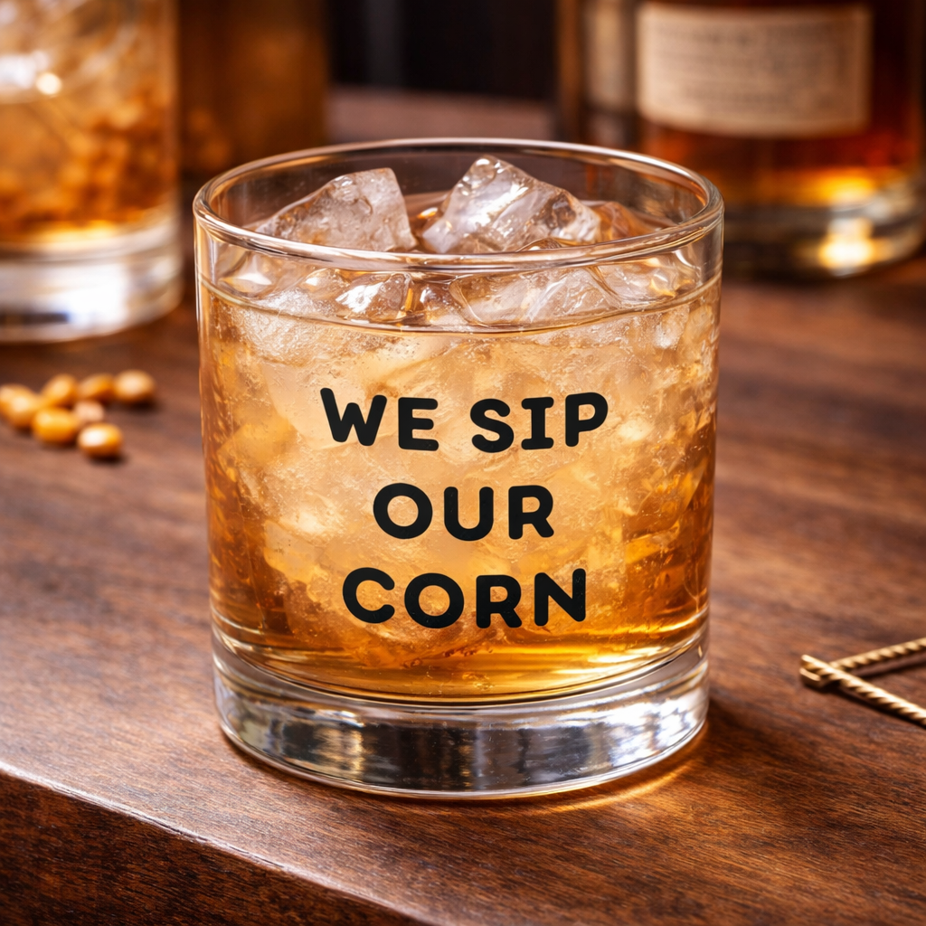 A clear rocks glass filled with amber liquor and ice, sitting on a wooden table. The glass is printed with the phrase 'WE SIP OUR CORN' in bold black letters.