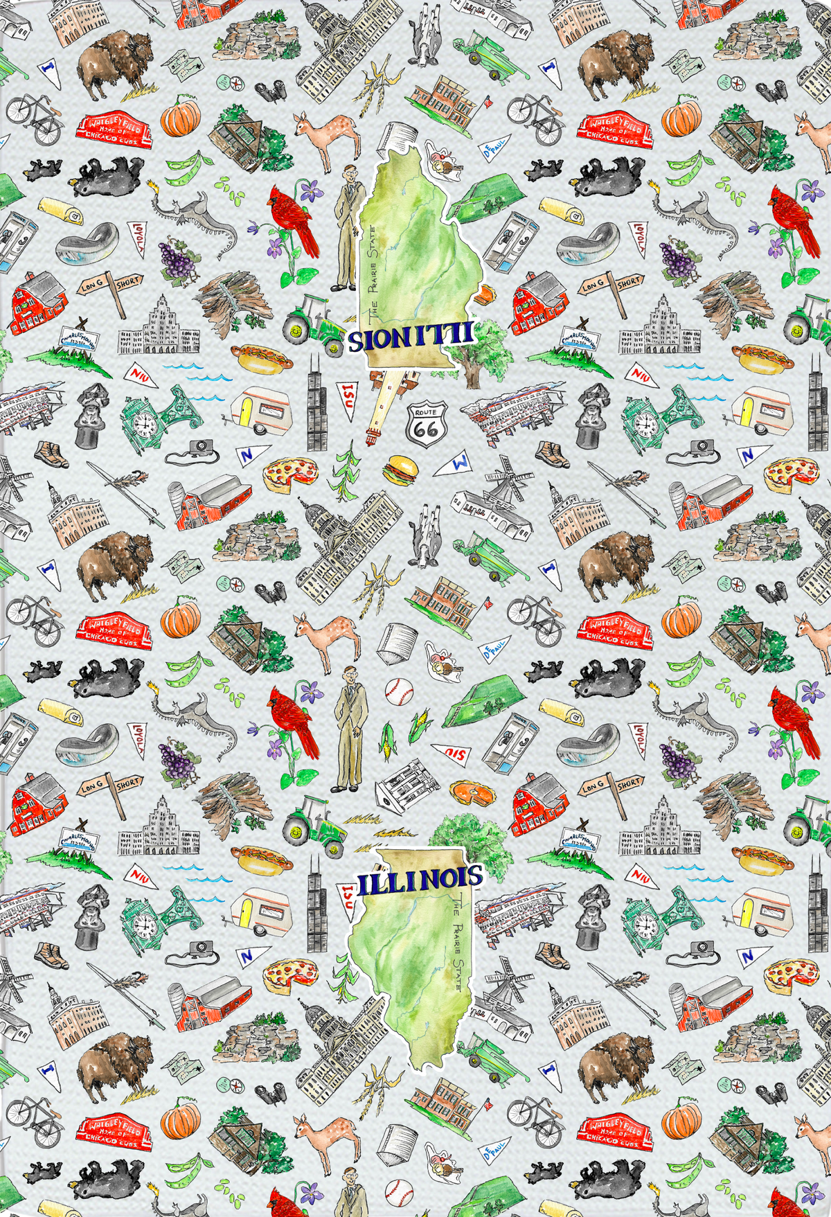 A repeating illustrated pattern featuring the state map of Illinois, the word 'SIONITH', red birds, bicycles, trucks, buildings, and small travel-themed icons on a light gray background.