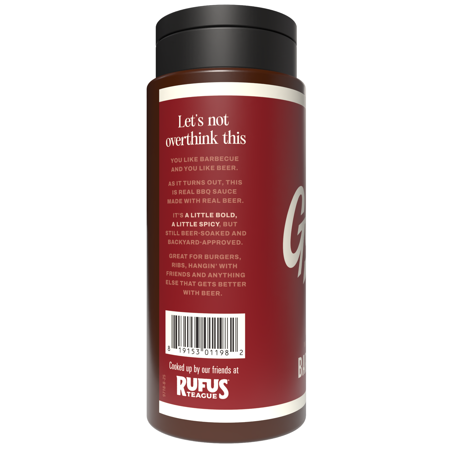 Bottle of Rufus Teague barbecue sauce with text on a white background