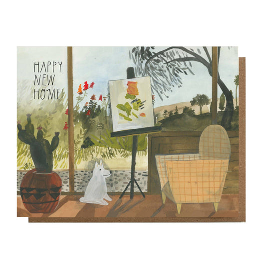 Card with a dog painting a landscape, featuring 'Happy New Home!' text.