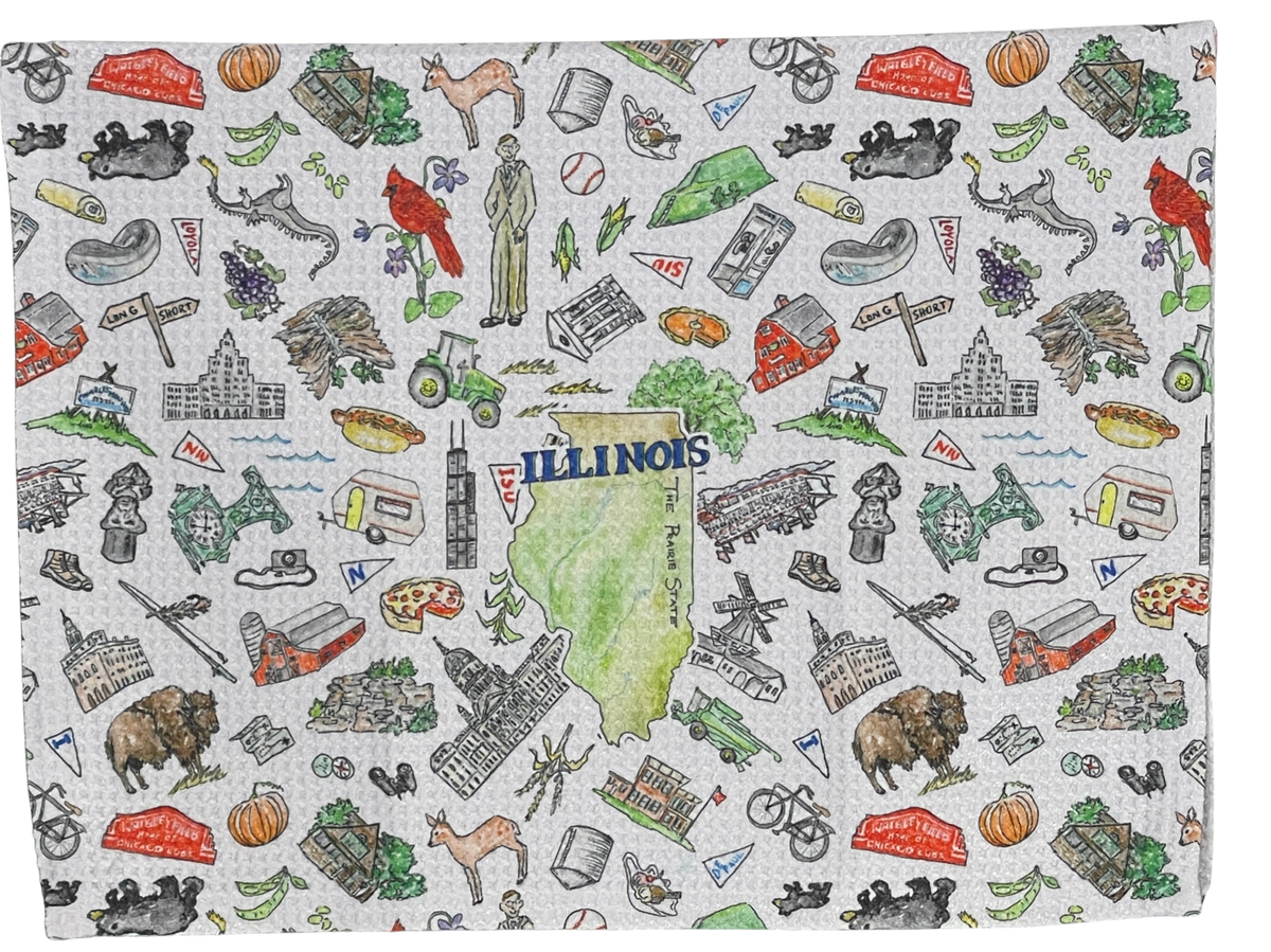 A square fabric item, likely a napkin or small tablecloth, featuring a detailed Illinois-themed doodle pattern on a light gray background. The pattern includes the state map of Illinois in green with 'ILLINOIS' written in blue, surrounded by various hand-drawn illustrations of Chicago landmarks, people, animals, and seasonal elements.