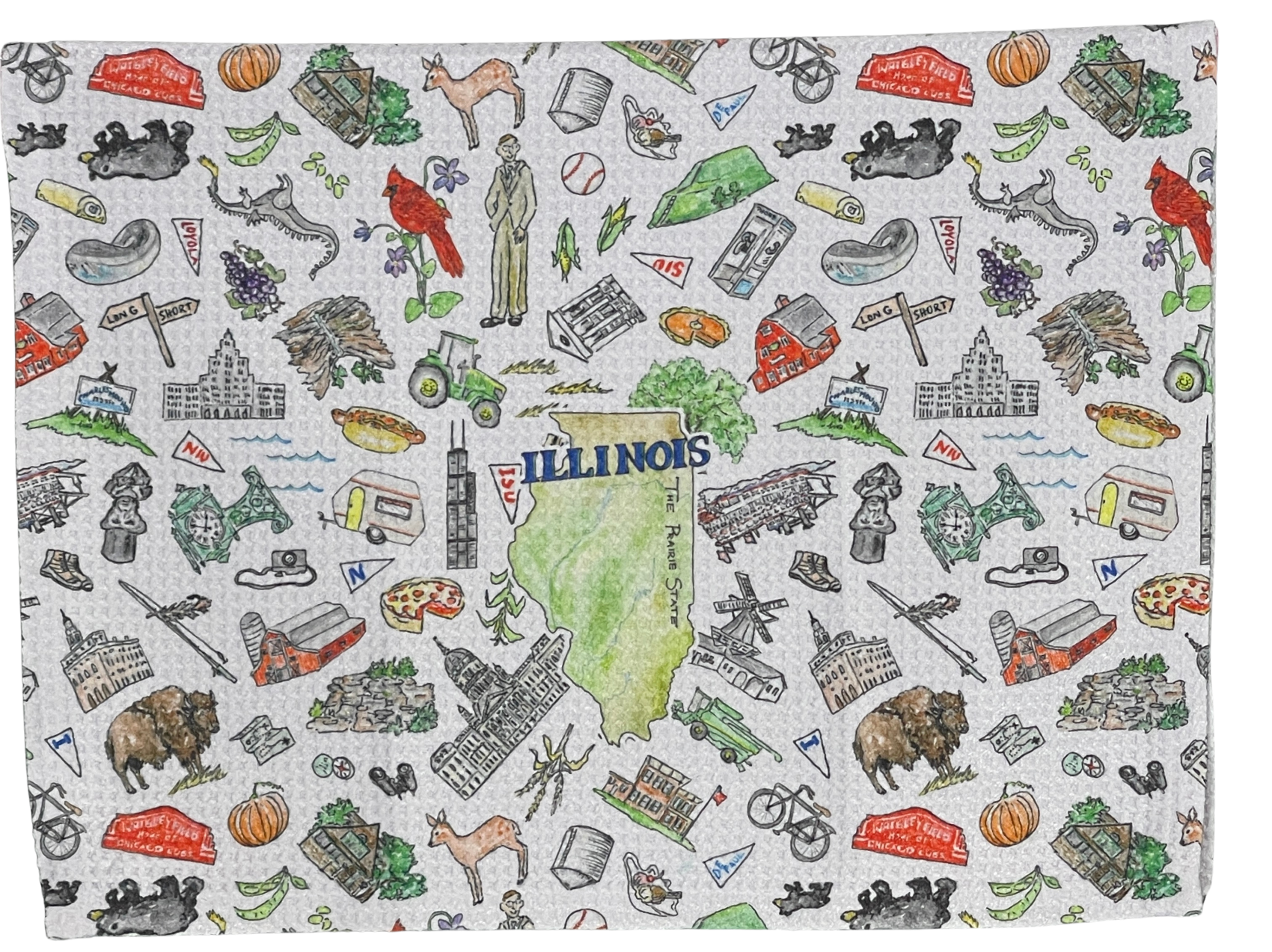 A square fabric item, likely a napkin or small tablecloth, featuring a detailed Illinois-themed doodle pattern on a light gray background. The pattern includes the state map of Illinois in green with 'ILLINOIS' written in blue, surrounded by various hand-drawn illustrations of Chicago landmarks, people, animals, and seasonal elements.