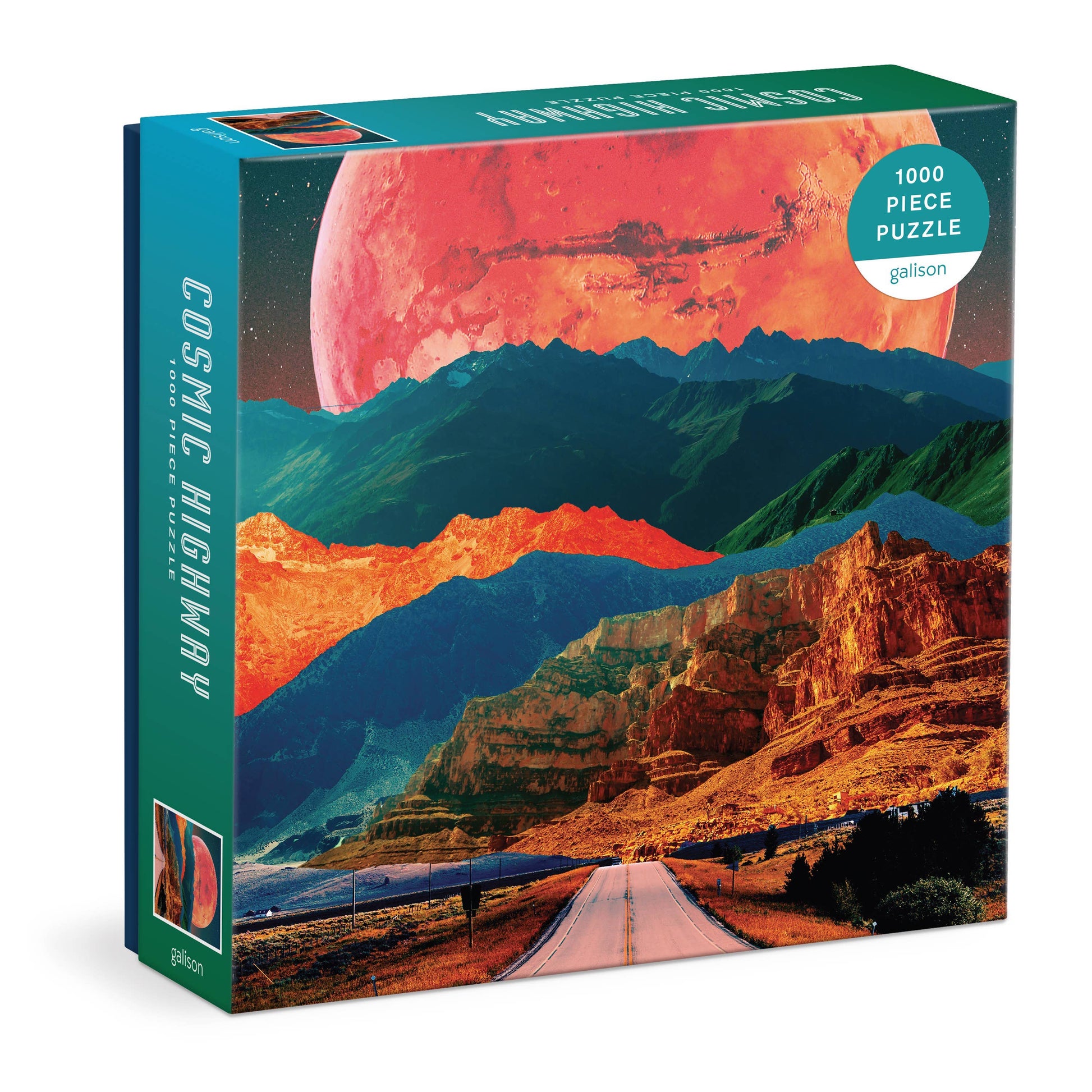Jigsaw puzzle box with a scenic design of a road leading to a planet.