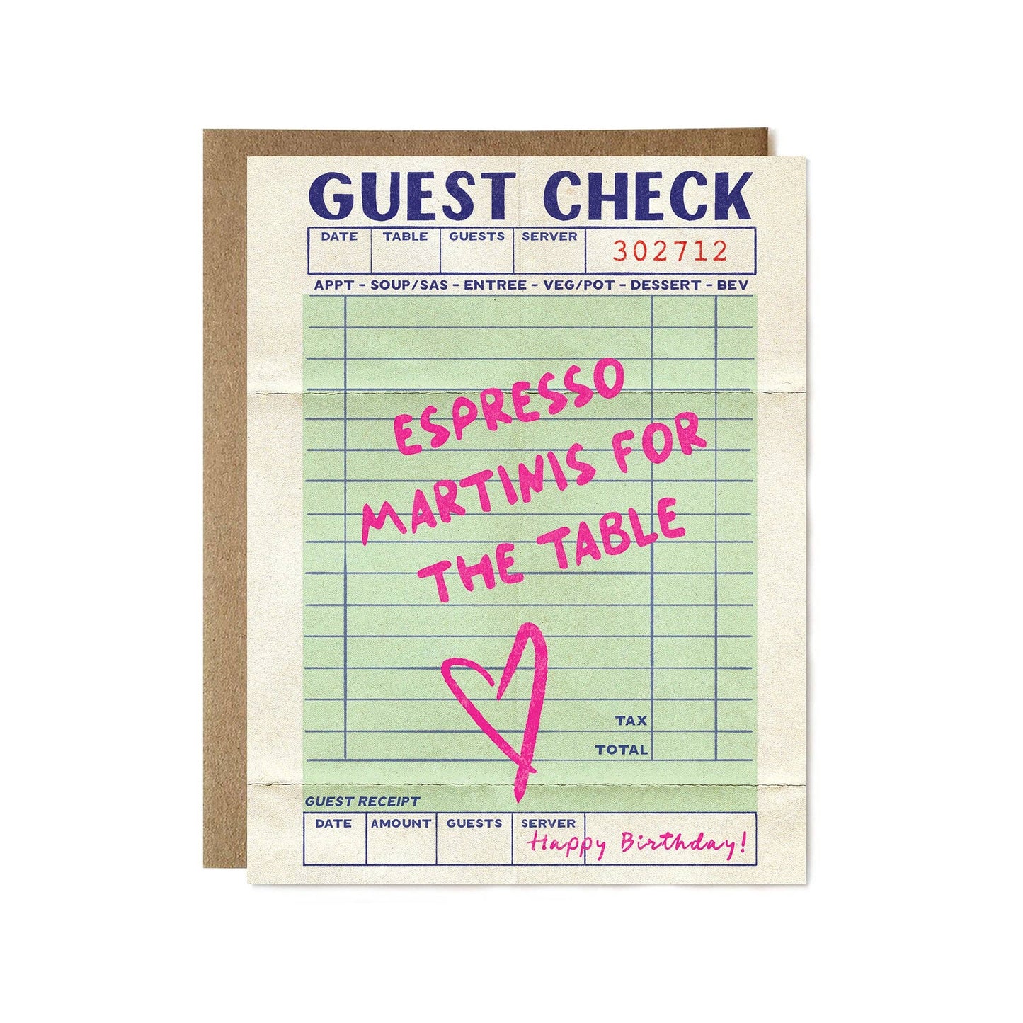 Card designed to look like a guest check with text 'Espresso Martinis for the Table' and 'Happy Birthday!'