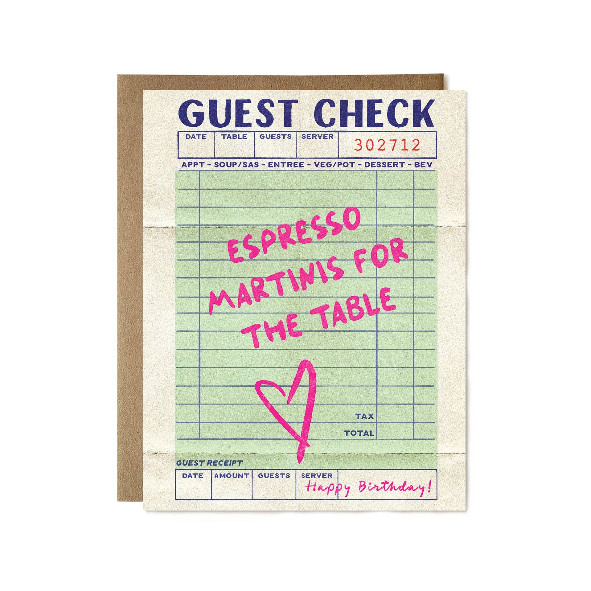 Card designed to look like a guest check with text 'Espresso Martinis for the Table' and 'Happy Birthday!'