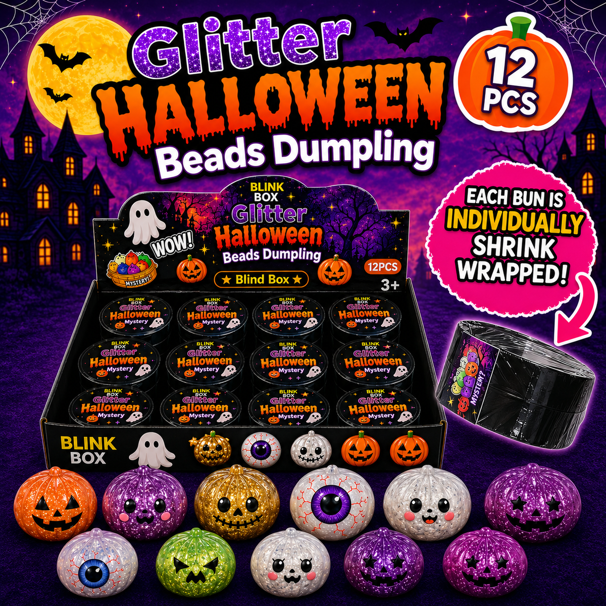 Halloween-themed product display for 'Glitter Halloween Beads Dumpling' showing a black retail display box filled with small blind box packs, a single wrapped pack, and several decorated glitter dumpling balls with faces. Large promotional text says '12 PCS' and 'Each bun is individually shrink wrapped!' against a spooky purple haunted-house background.