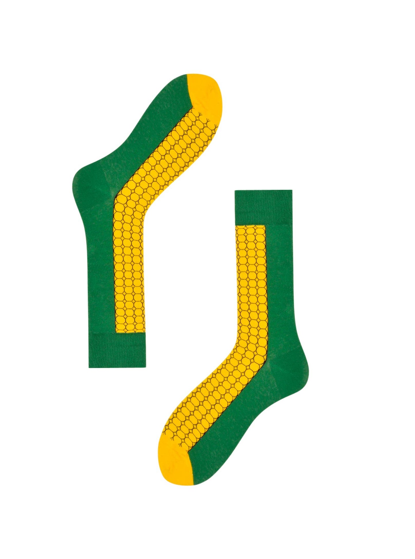 Green and yellow socks with corn design on a white background