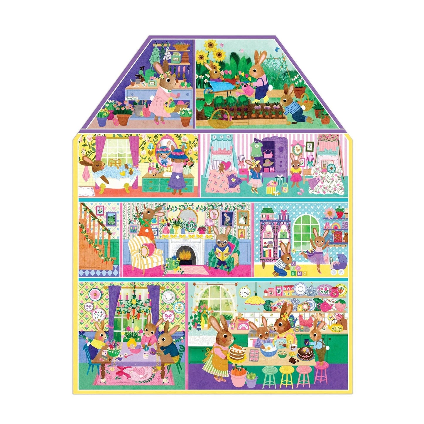 Colorful house-shaped puzzle with various scenes inside a house